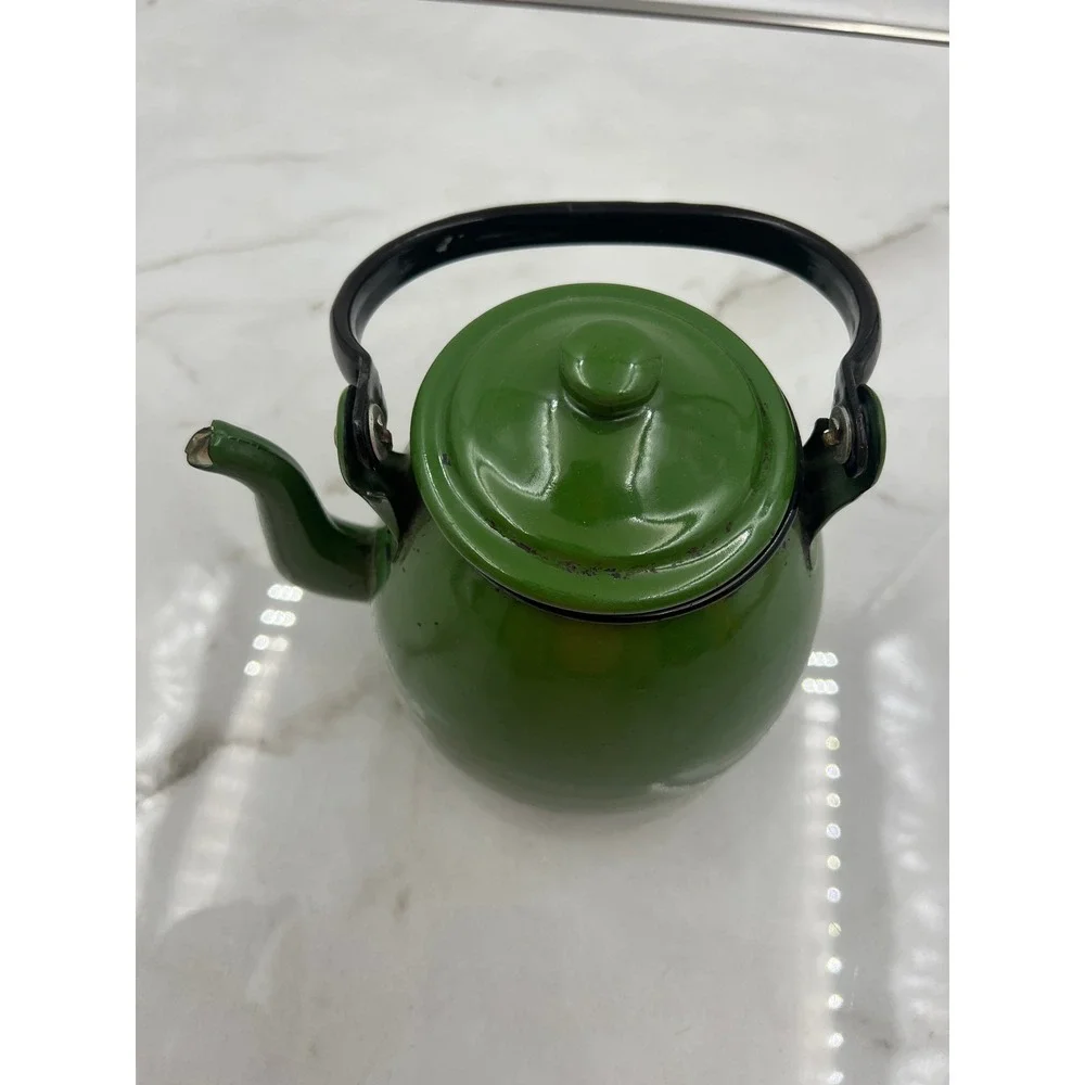 Vintage Green Enamel Teapot Made in Poland Rustic Farmhouse Decor Kettle